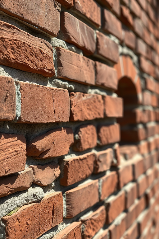 Capture a detailed close-up of an aged brick wall ruin, showcasing texture and color variations, with a 50mm lens, aperture set to f/4 for depth of field, ISO 100 for clarity, and natural sunlight to enhance shadows and highlights.