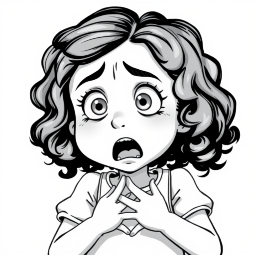 The image is a black and white illustration of a young girl with curly hair. She has a surprised expression on her face with her mouth open and her hands clasped together in front of her chest. Her eyes are wide and her eyebrows are furrowed. Her hair is styled in loose curls that are cascading down her back. The overall mood of the image is one of shock or surprise.