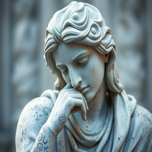 Create a high-resolution digitally painted image of a contemplative statue with soft watercolor textures, using a Canon EOS R5 camera with a 50mm f/1.2 lens, aperture set to f/2.8, ISO 100, and a shallow depth of field at a 45-degree angle to capture focused detail and a blurred background.