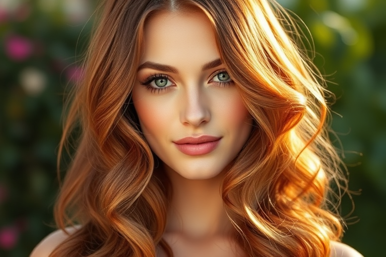 Elegant auburn tresses cascade in loose waves, framing a delicate face with soft curls that shimmer like copper in the sunlight, creating a romantic and feminine hairstyle called "Sunset Cascade"
