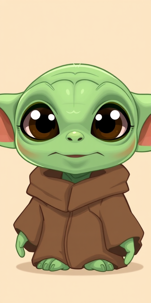 Create a high-resolution digital illustration of a cute green alien with large expressive eyes, wearing a brown robe, set against a soft beige background, captured with a Canon EOS R5, 50mm lens at f/1.8, with a shallow depth of field to blur the background and highlight the character's features, employing a vibrant color palette and smooth lines for a playful cartoon style.