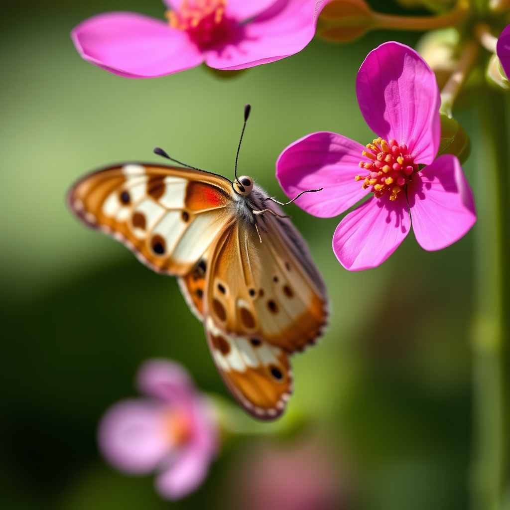Close-up shot of a butterfly perched on a vibrant pink flower, let in natural light, f/2.8 aperture, 1/400 shutter speed, ISO 100, macro lens, DSLR camera, shallow depth of field for a blurred background.