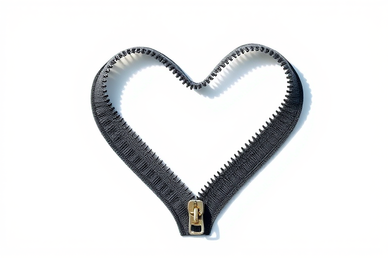 Create a high-resolution image of a heart shape made from a zipper, using a DSLR camera with a 50mm lens, aperture set to f/1.8 for a shallow depth of field, shooting in natural light to enhance the texture of the zipper, with a clean, white background for contrast.