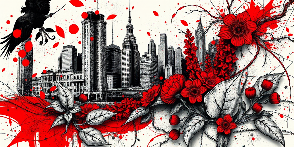 Trash polka tattoo titled "Urban Decay" combining bold, chaotic red and black elements with photorealistic grayscale imagery, featuring a crumbling cityscape juxtaposed with organic forms like vines and flowers, creating a striking contrast between man-made structures and nature's resilience