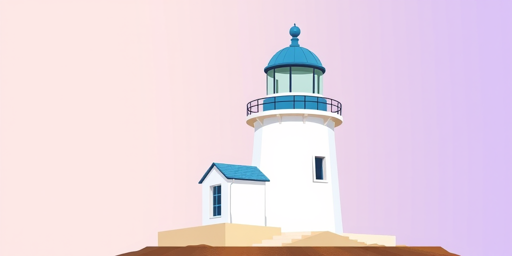 Create a high-resolution illustration of a lighthouse with a blue dome, featuring a white building with a blue striped roof, using a digital painting style at 300 DPI, capturing a side view, with soft lighting and a gradient background for depth.