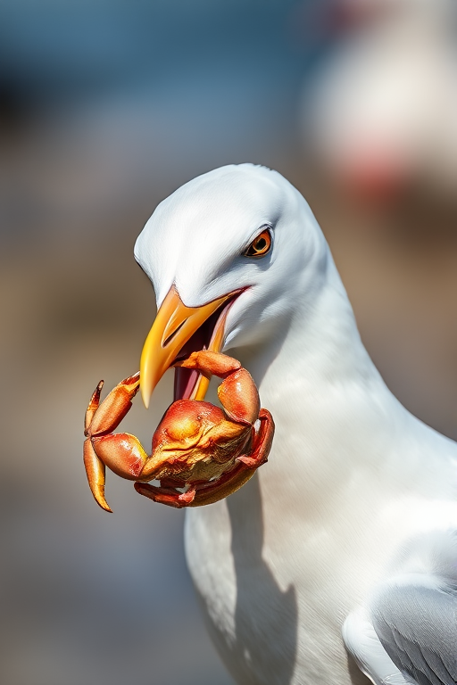 Seagull with a crab in its beak, captured in natural light at a close-up angle, using a Canon EOS R5, 85mm lens, f/2.8, ISO 100, shutter speed 1/1250s, with a shallow depth of field to emphasize the subject against a blurred background.
