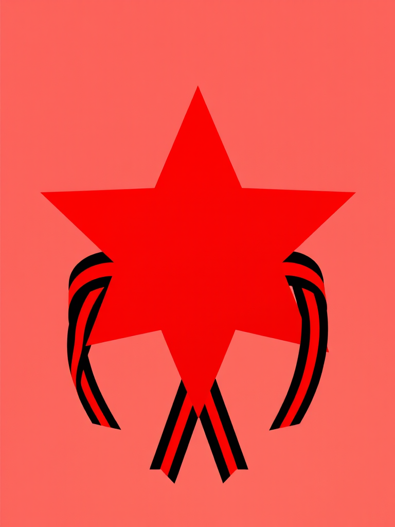 Generate an image of a red star encircled by a ribbon with alternating black and orange stripes, using a 50mm lens, f/1.8 aperture, ISO 100, with a top-down view, in high-resolution vector style on a digital camera.