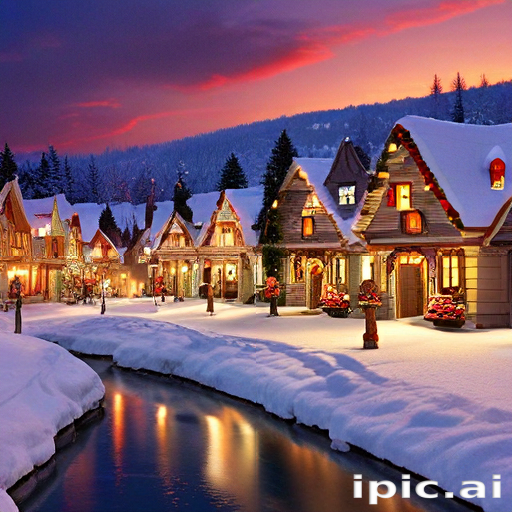 Charming Winter Village at Dusk with Snow-Covered Houses and Twinkling ...