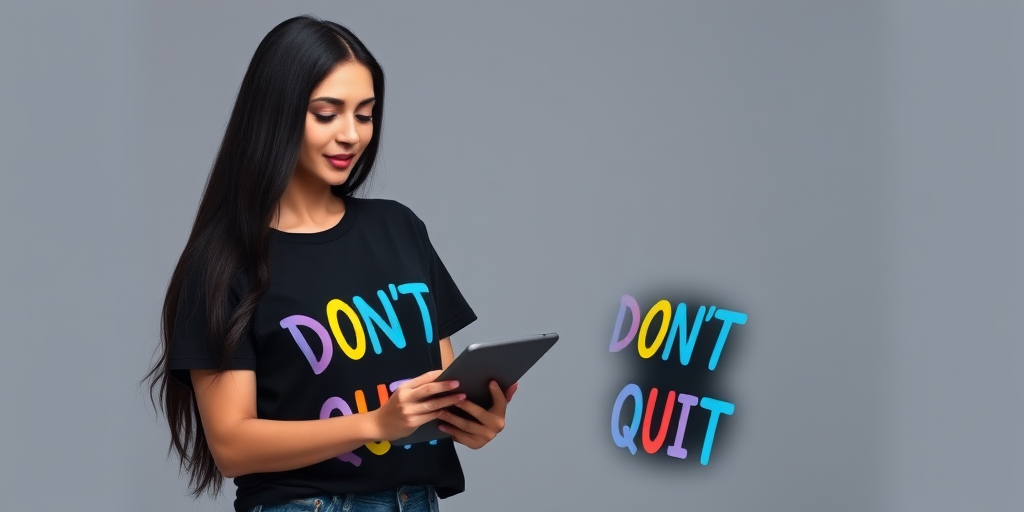 Create an image of a woman with long black hair wearing a black t-shirt with colorful text that says "DON'T QUIT," standing and using a tablet, captured with a Canon EOS R5, 50mm lens, aperture f/1.8, ISO 100, studio lighting, neutral gray background.