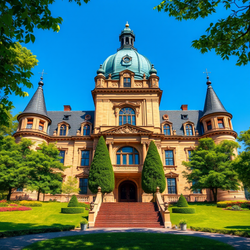a colorful cartoon-style illustration of a historic mansion with a blue dome and green trees around it, captured from a low angle with a wide lens, f/8 aperture, ISO 100, 1/250 sec shutter speed, bright daylight lighting