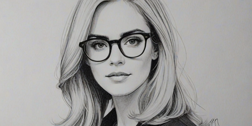 Graceful Emily Wickersham, pencil sketch, portrait of Fascinating woman 1965s in glasses, hair style beatnik, outline, clear lines, fine lines, 8k