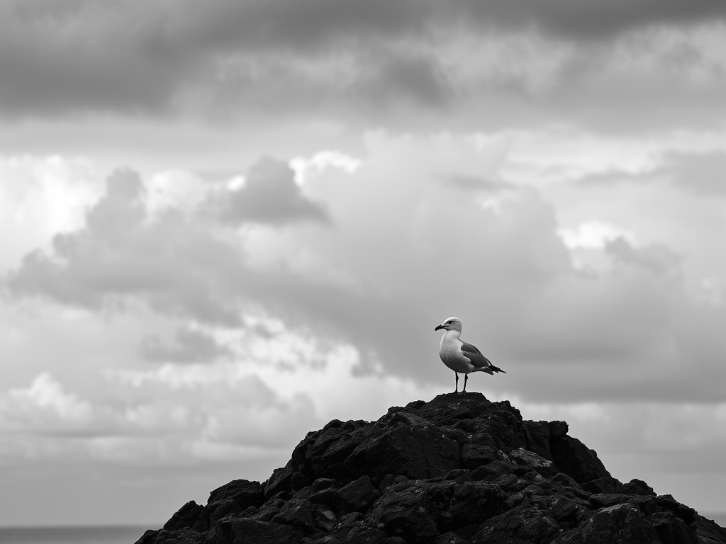 A solitary seagull perched on a rocky outcrop under a dramatic, cloudy sky, captured with a DSLR camera at f/8 aperture, ISO 100, 1/250 sec shutter speed, with a wide-angle lens to emphasize the landscape and contrast in black and white.