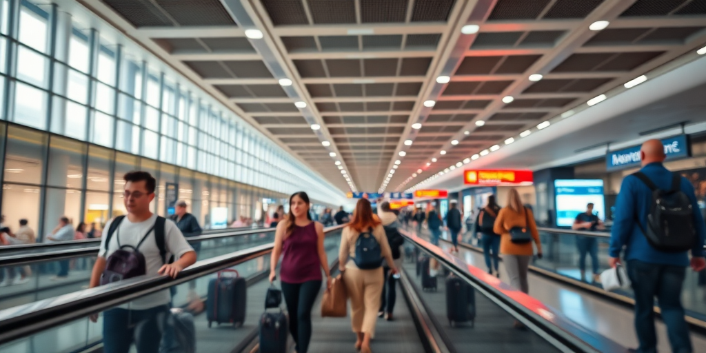 A busy airport interior with travelers walking on a moving walkway, bright lighting, sharp focus, aperture f/5.6, shutter speed 1/200s, ISO 100, wide-angle lens, DSLR camera, overhead view, vibrant colors.