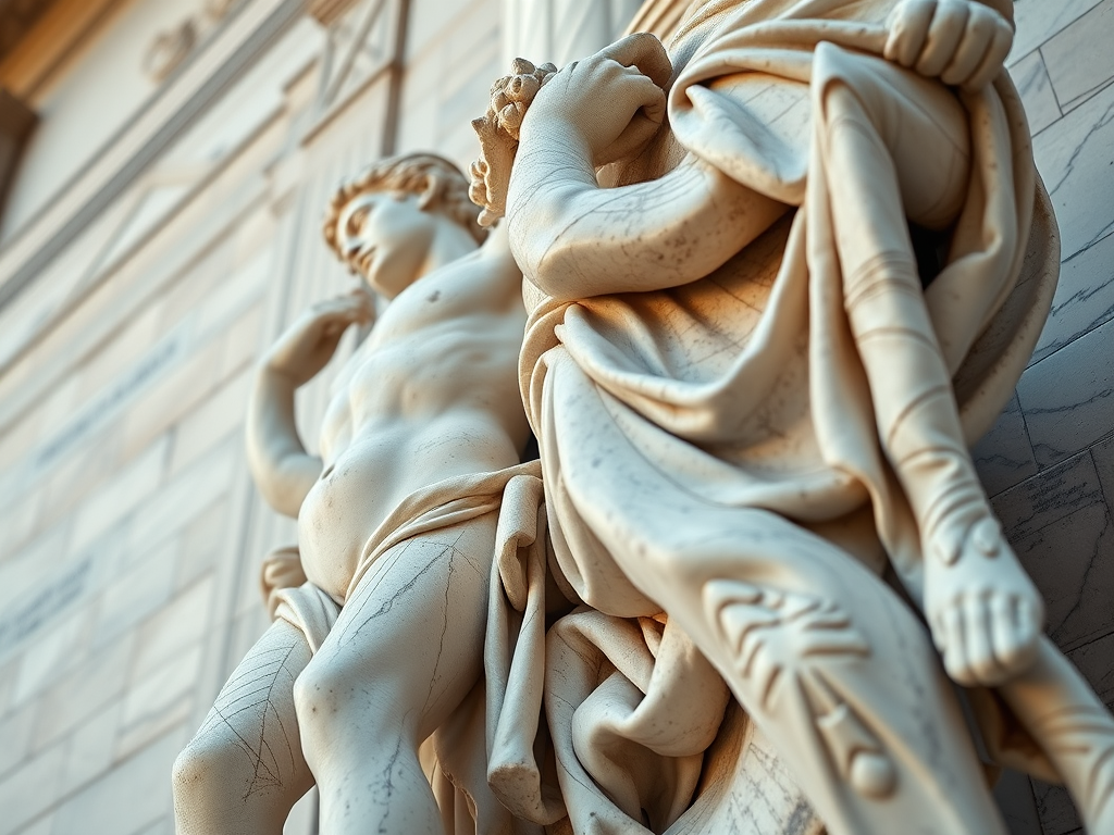 Create a highly detailed close-up shot of a classical marble sculpture depicting two heroic figures, using a DSLR camera with a 50mm lens, aperture set to f/1.8 for a shallow depth of field, with natural lighting to enhance texture, captured from a low angle for a dramatic perspective, and apply high dynamic range processing for improved detail.