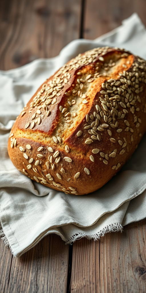 Capture a close-up image of a freshly baked loaf of seed bread on a neutral linen cloth placed on a rustic wooden table, using a Canon EOS R5 with a 50mm f/1.8 lens, aperture set to f/2.8, ISO 100, and natural lighting for optimal texture details.