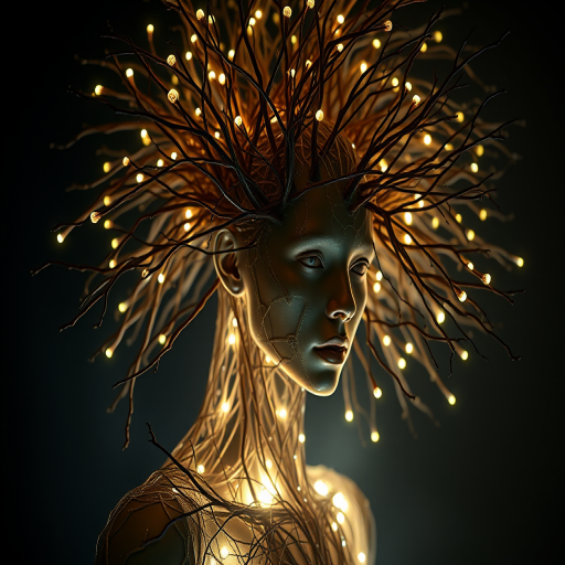 Create a hyper-realistic portrait of a humanoid figure with an intricate network of branches as hair, glowing elements, dramatic lighting, and a dark background, shot with a Canon EOS R5 at f/1.8, ISO 100, 85mm lens, using studio lighting for enhanced detail and depth.