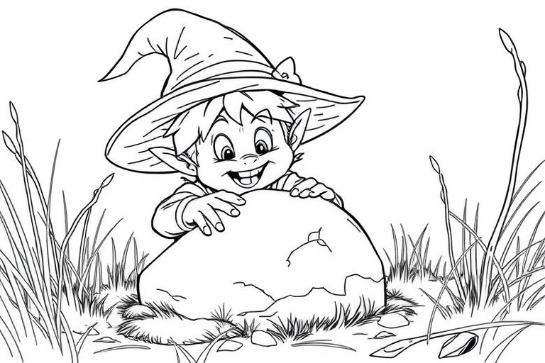 Create a detailed line art illustration of a mischievous character with a large hat, playfully interacting with a stone, surrounded by grass and twigs, shot from a low angle with a shallow depth of field, using a high-resolution digital camera with settings of f/4.0, 1/200s, ISO 100, capturing vibrant details and contrast.