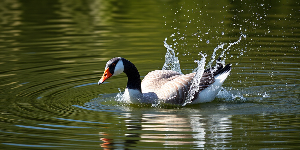 An action shot of a splashing goose in a pond, captured with a DSLR camera at 1/1000 sec shutter speed, f/2.8 aperture, ISO 400, focusing on the water droplets, taken from a side view at eye level.