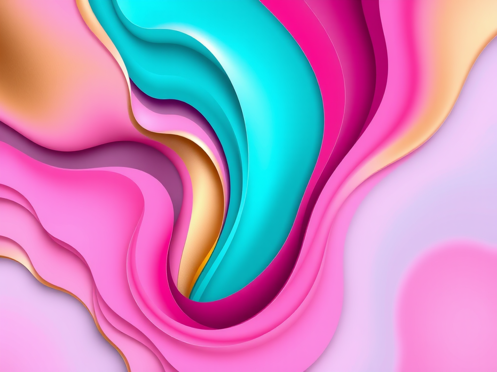 Create an abstract digital art piece with vibrant colors including pink, turquoise, gold, and maroon, featuring smooth, flowing curves and layered shapes, using a high-resolution camera setup at f/8 aperture, ISO 100, and a 50mm lens to capture sharp details, viewed from a frontal angle.