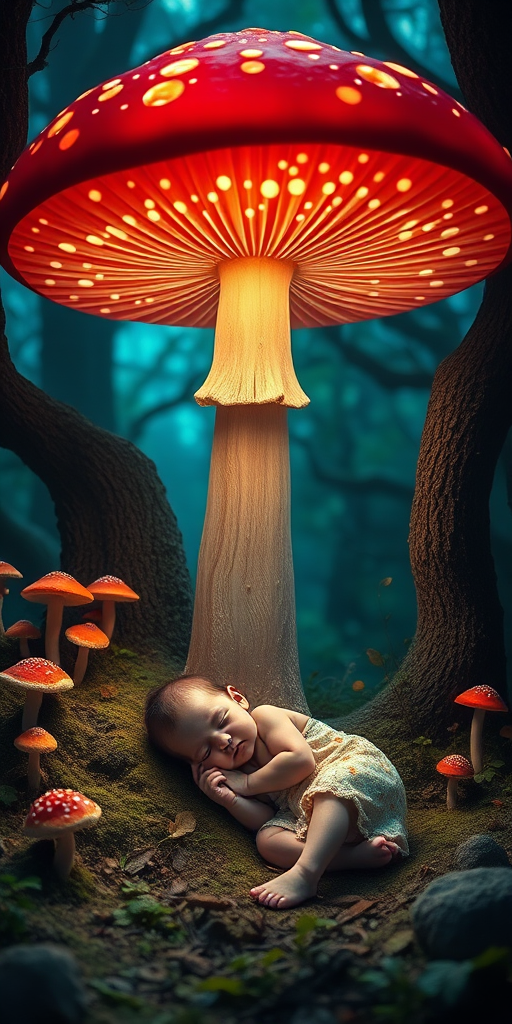 Create a serene fantasy scene of a sleeping baby under a giant glowing red mushroom, surrounded by smaller mushrooms and mystical trees, with soft blue and green ambient lighting, captured with a Canon EOS R5 at f/1.8, ISO 100, 50mm lens, in portrait mode for enhanced detail and depth.