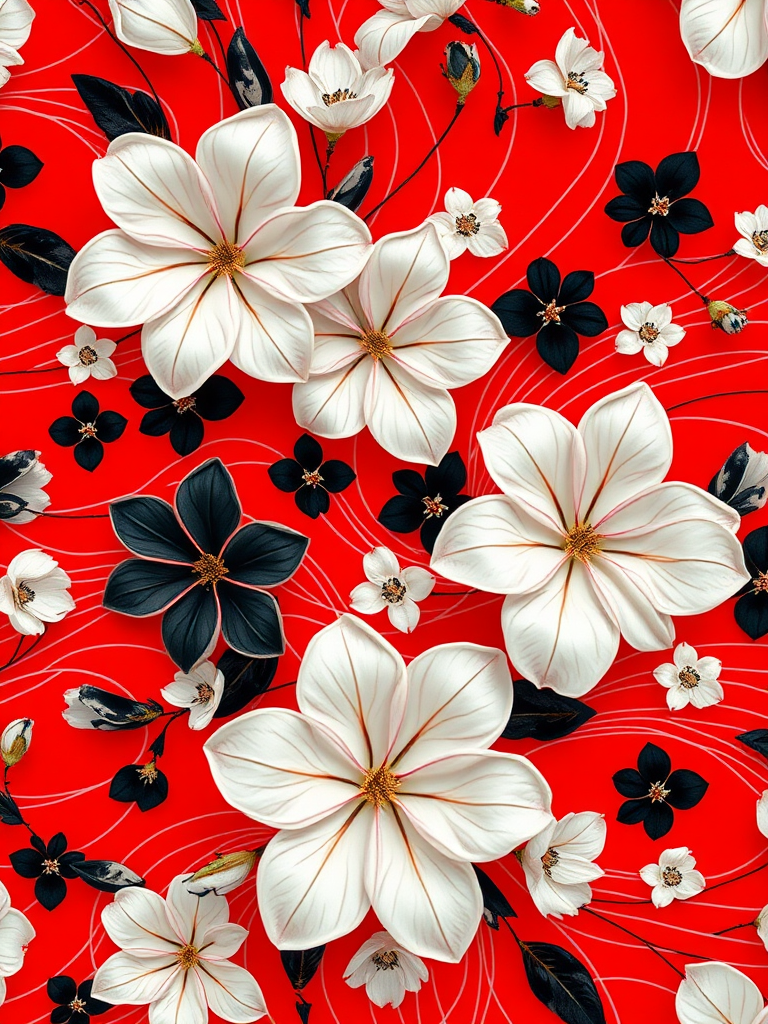 create a vibrant floral pattern with red background and flowing lines, featuring white and black flowers, captured with a DSLR camera at f/8, ISO 100, 50mm lens, shallow depth of field, top-down view, and vibrant color saturation for enhanced image quality