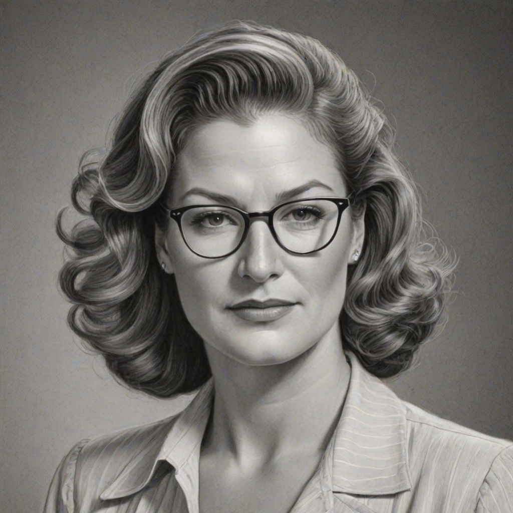 Exquisite Ana Gasteyer, pencil sketch, portrait of Superb woman 1937s in glasses, hair style beatnik, outline, clear lines, fine lines, 8k