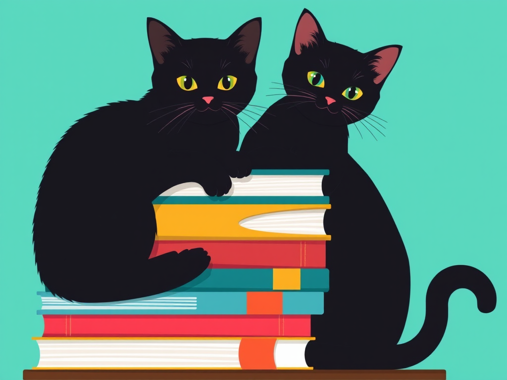 A minimalist illustration of two black cats, one sitting on a stack of colorful books and another peeking from behind, with a solid turquoise background, captured using a DSLR camera with a 50mm lens, aperture f/2.8, ISO 100, and natural lighting to enhance color vibrancy and clarity.