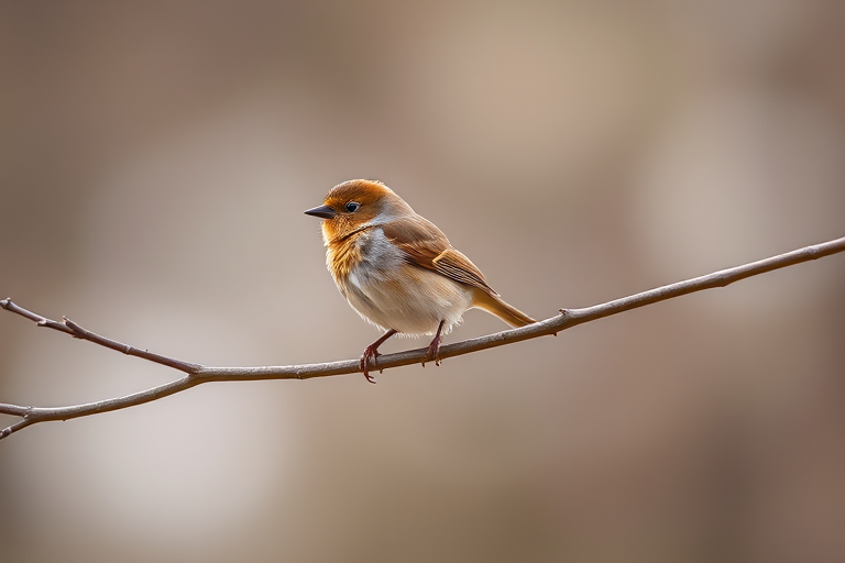 a small brown bird perched on a slender branch against a softly blurred background