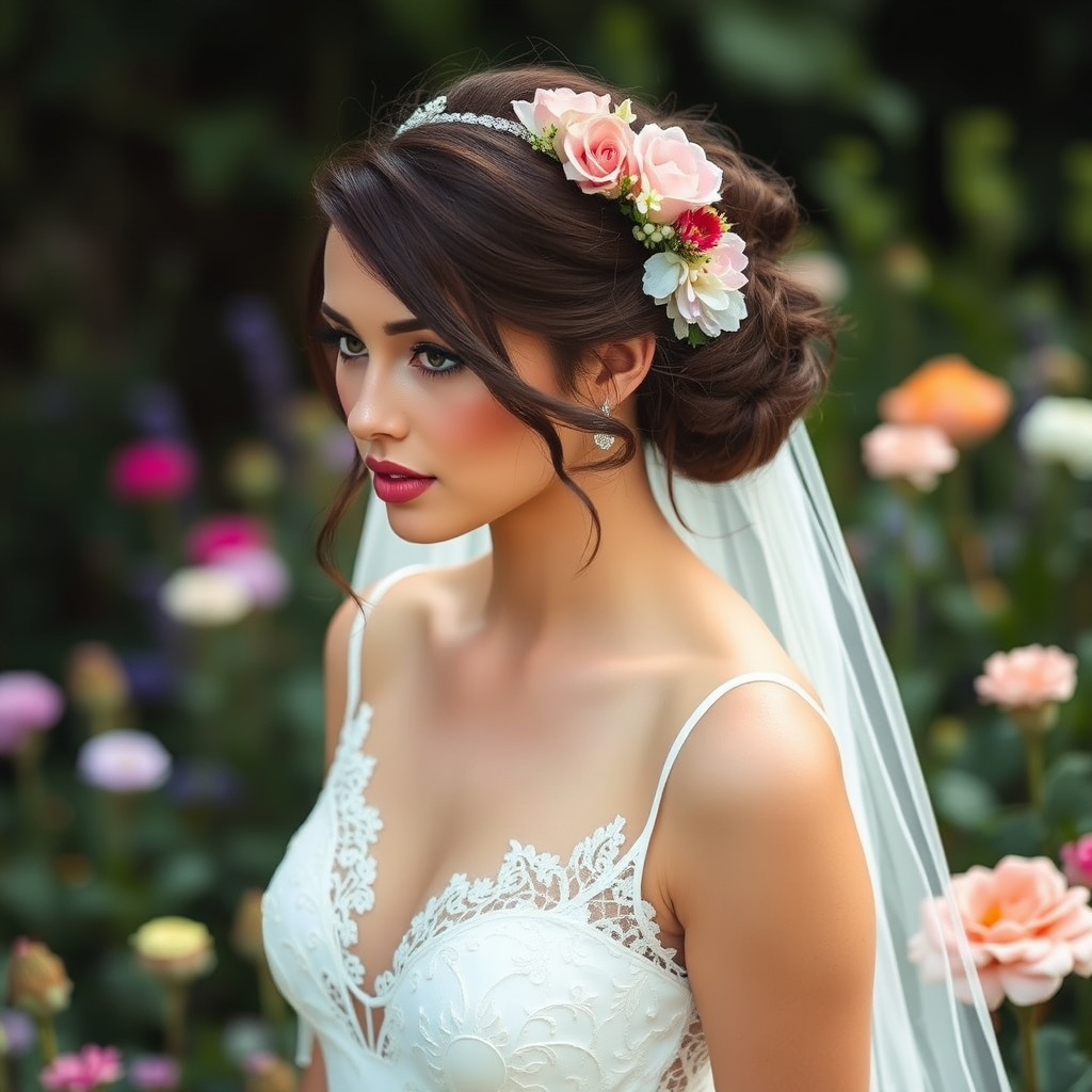 Garden scene, bridal model, delicate lace gown, floral headpiece, soft romantic focus, high-key lighting and an 85mm lens for soft, even tones that highlight the model’s face and bright outfit against a white or light background