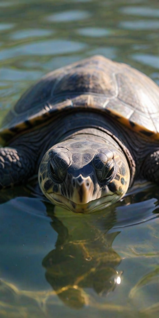 a close-up of a turtle partially submerged in calm water with soft lighting and a blurred background