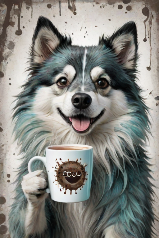 A quirky, artistic illustration of a disheveled alaskan irish setsky with exaggerated, large eyes and spiky fur, holding a coffee mug that reads "Good Morning". The dog has a tired but humorous expression, with ink splatters and abstract details surrounding it, giving a whimsical feel to the image. The color palette is mostly monochrome with hints of cyan in the eyes and steam rising from the mug, enhancing the overall sleepy vibe