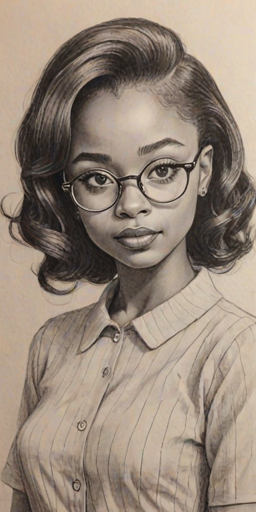 Magnificent Skai Jackson, pencil sketch, portrait of Beauteous woman 1949s in glasses, hair style beatnik, outline, clear lines, fine lines, 8k
