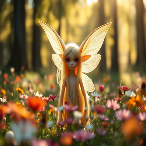 Create a whimsical fairy creature with large ears and long golden hair, standing amidst a field of flowers in a sunlit forest, using a Canon EOS R5 with a 50mm f/1.2 lens, aperture set to f/2.8, ISO 100, and soft focus background to enhance image quality.