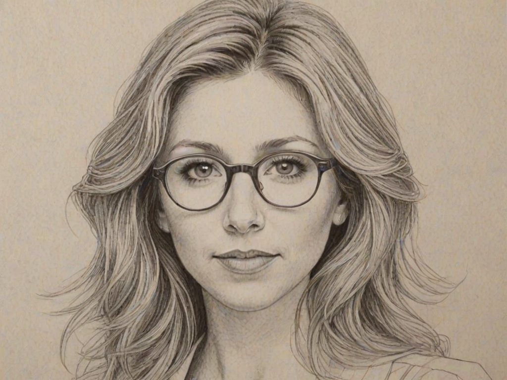 Dazzling Sarah Chalke, pencil sketch, portrait of Charming woman 1978s in glasses, hair style beatnik, outline, clear lines, fine lines, 8k