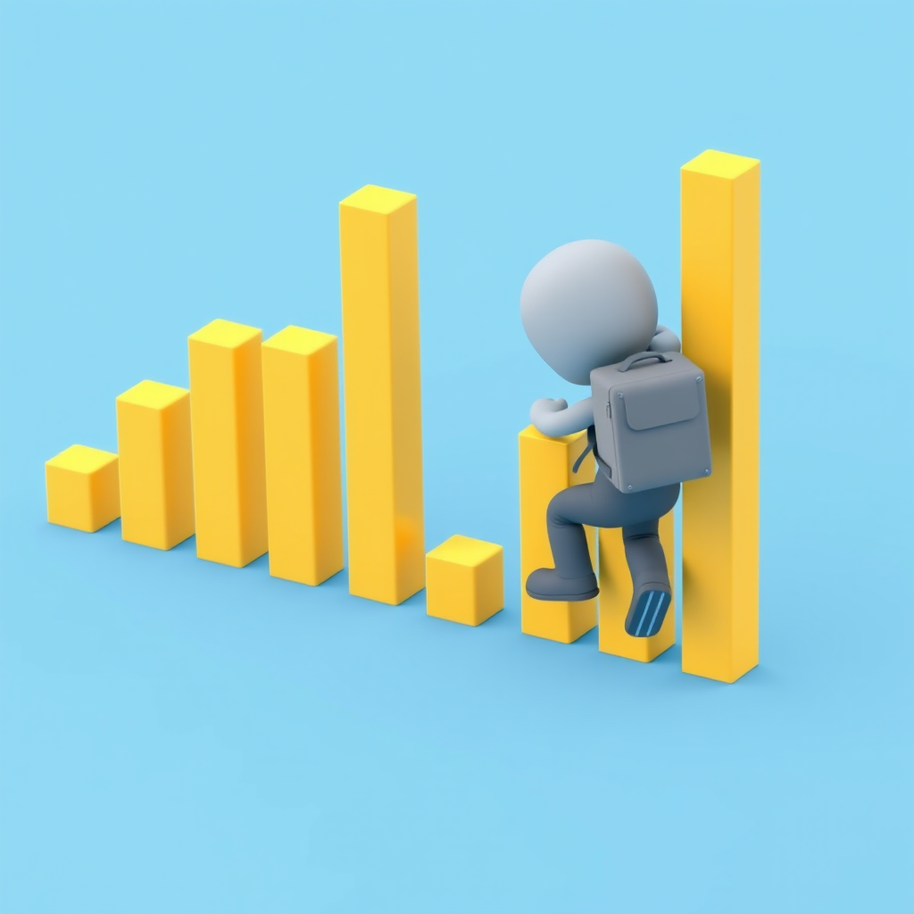 3D illustration of a small character with a backpack climbing yellow bar graphs, blue background, focus on the character, 50mm lens, f/2.8 aperture, ISO 100, studio lighting, high-resolution render.