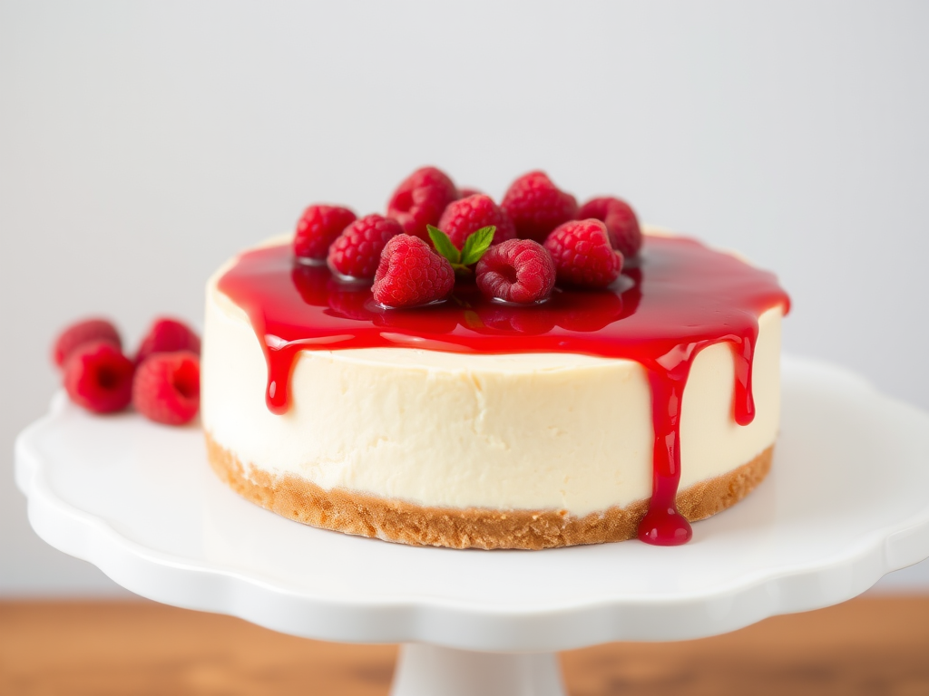 A delicious cheesecake topped with a glossy raspberry sauce and fresh raspberries, sitting on a white cake stand against a light background.