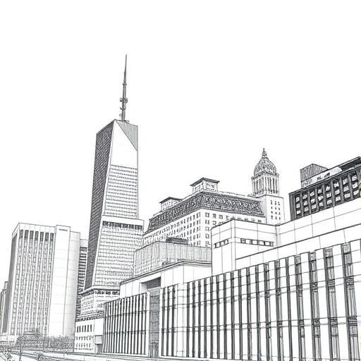Create a highly detailed architectural drawing of a modern urban skyline with geometric lines and sharp contrasts, captured from a slightly elevated angle using a DSLR camera with a 50mm lens at f/8, ISO 100, and a shutter speed of 1/200 sec.