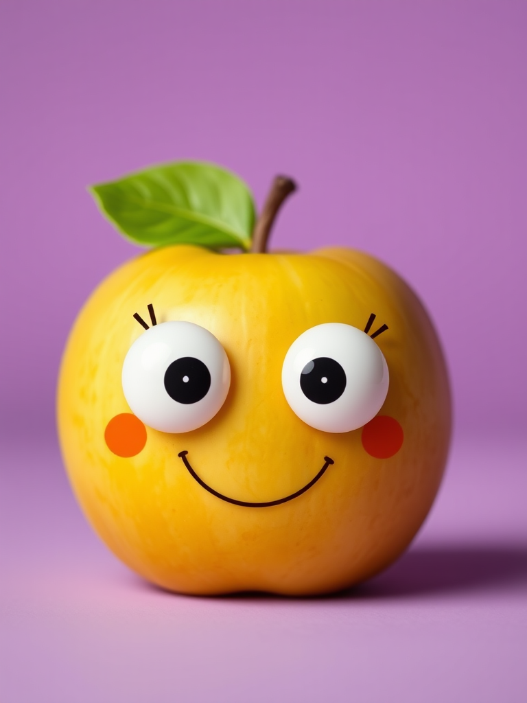 Create a cute cartoon apple character with large white eyes and a small smile, set against a soft purple background, captured with a Canon EOS R5 at f/2.8, 1/60s, ISO 100 for vibrant colors and sharp details, in a front view perspective.