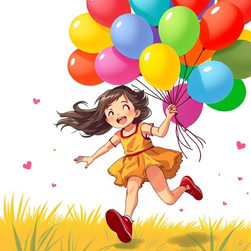 Create a vibrant, detailed illustration of a girl joyfully running while holding a bunch of colorful balloons, camera settings: ISO 100, aperture f/4, shutter speed 1/500s, camera view: close-up action shot, camera style: bright and cheerful, camera type: DSLR.