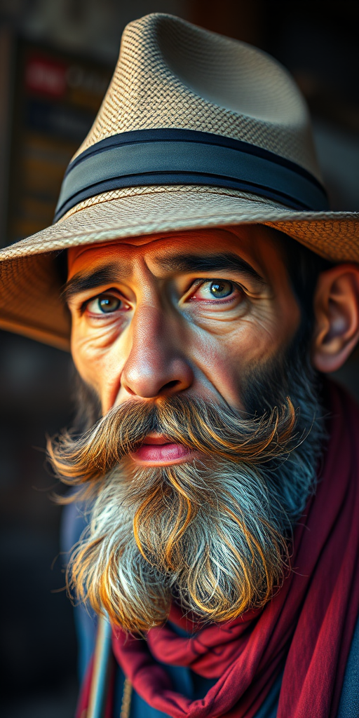 Create a vivid digital artwork of a man with a hat and a colorful beard, using a high-resolution camera, with a focal length of 50mm, aperture set to f/2.8, ISO 100, shot from a slight upward angle to enhance depth, in a painterly style reminiscent of Post-Impressionism.