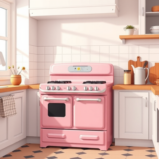 Create a high-resolution illustration of a vintage pink gas stove with a clean, modern aesthetic, using a DSLR camera with a 50mm lens at f/2.8, 1/125 sec shutter speed, and ISO 100, in a well-lit kitchen setting with soft, even lighting.