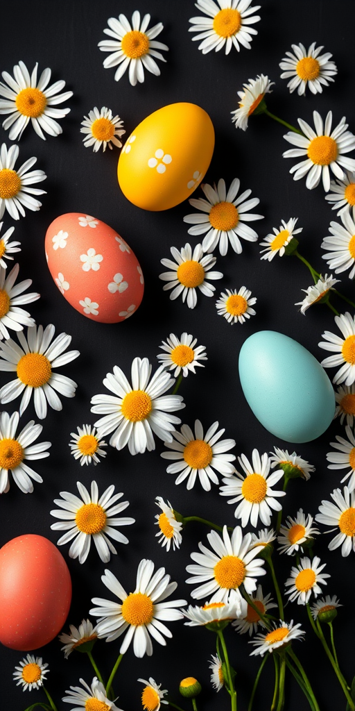 Create a vibrant and colorful illustration of Easter eggs scattered among white daisies on a black background, using a Canon EOS R5, aperture set to f/2.8 for a shallow depth of field, ISO 100 for low noise, and a focal length of 50mm for a detailed close-up view, with a soft-focus effect to enhance the image quality.