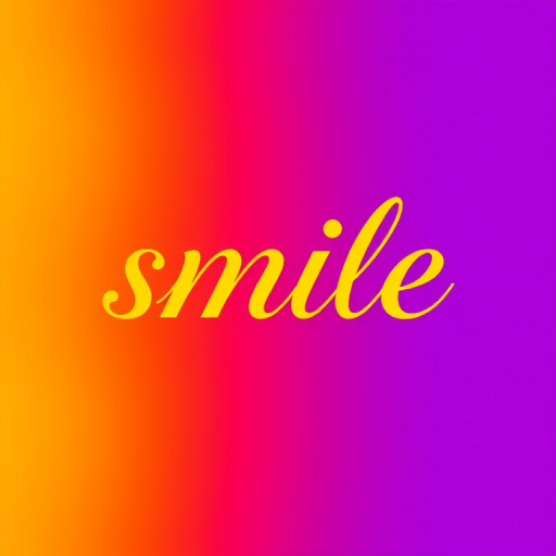 Create a vibrant graphic design with the word "smile" in elegant cursive font, incorporating a colorful gradient background with deep purples and warm oranges, using a DSLR camera with a 50mm lens at f/1.8, ISO 100, and a slightly angled view from above to enhance image clarity and depth.