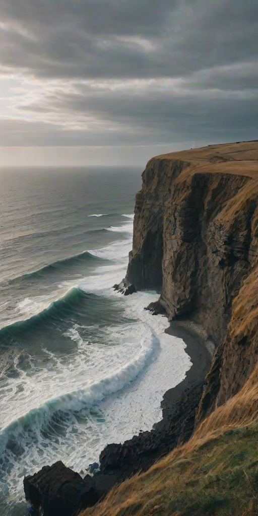 Dramatic coastal cliff, with waves crashing below, a solitary figure standing at the edge, taking in the breathtaking view of the ocean and horizon.