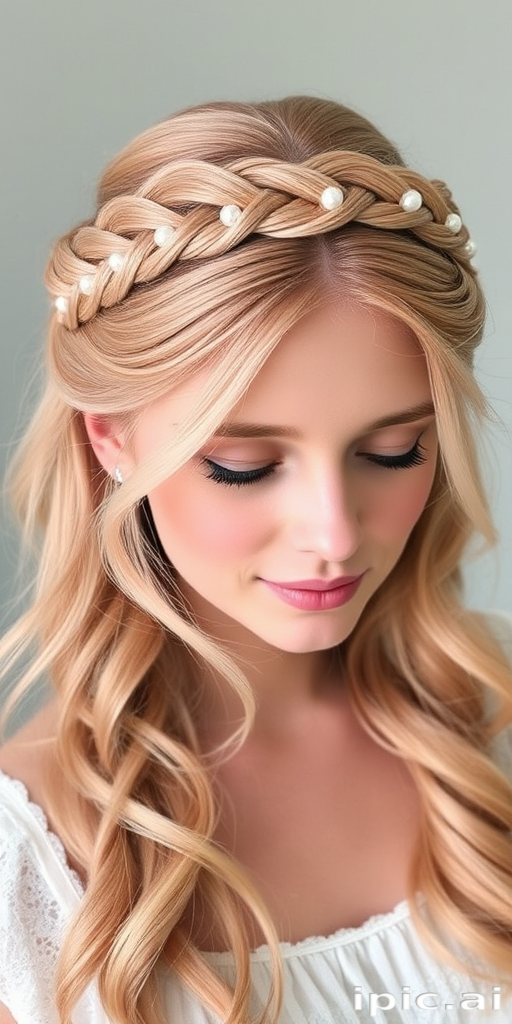 Pale rose gold hair arranged in an intricate milkmaid braid crown with wispy tendrils framing the face, adorned with tiny pearl accents for a romantic, fairy-tale look named Blush Garland
