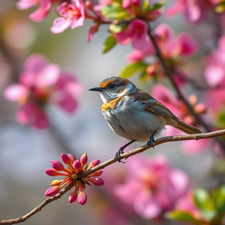 Capture a close-up of a small bird perched on a branch with vibrant pink flowers in the background, using a Canon EOS R5 with a 85mm f/1.2 lens, aperture set to f/2.8, ISO 200, shutter speed 1/500s, natural lighting with a shallow depth of field for enhanced detail.