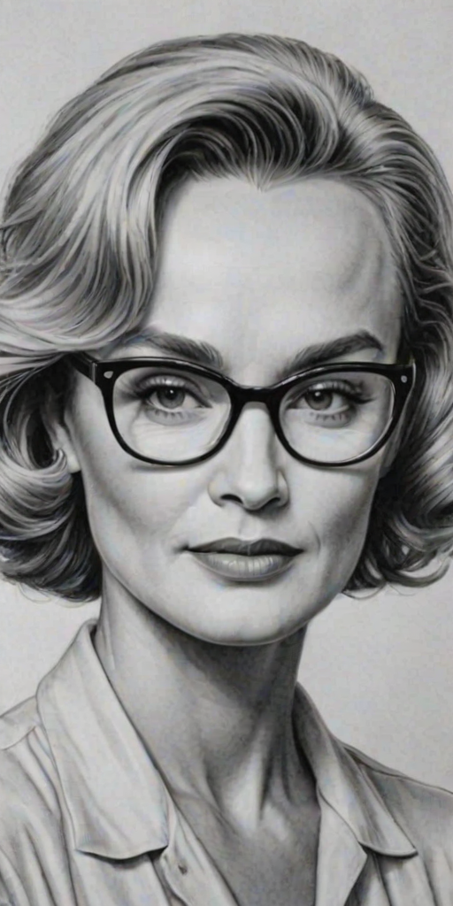 Sublime Jessica Lange, pencil sketch, portrait of Dazzling woman 1942s in glasses, hair style beatnik, outline, clear lines, fine lines, 8k