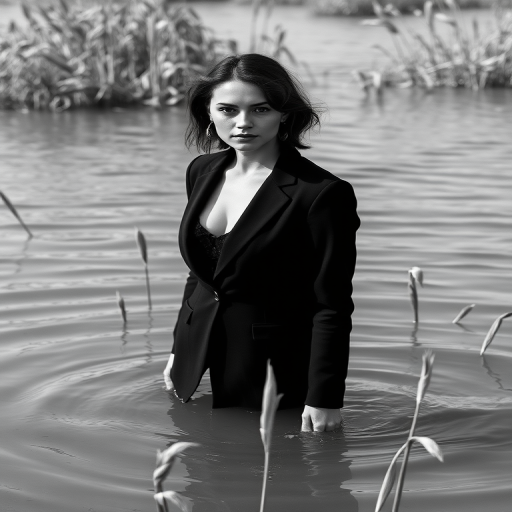 A woman in a black blazer standing in shallow water, surrounded by reeds, shot with a Canon EOS R5, 50mm lens, f/1.8 aperture, 1/1000 shutter speed, black and white style, natural light, shallow depth of field.