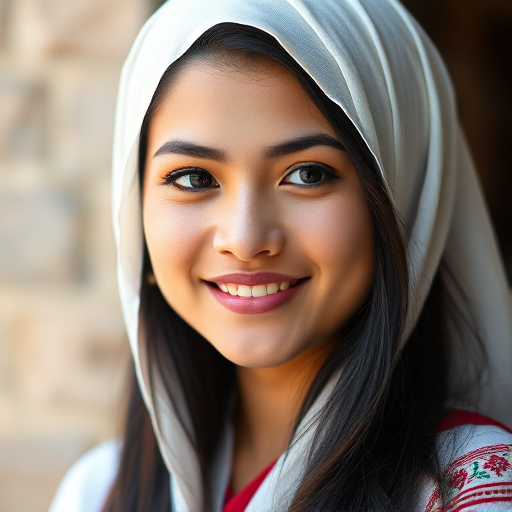 portrait of a young woman with long dark hair wearing a white headscarf and traditional attire, smiling softly at the camera, natural lighting, aperture f/1.8, ISO 200, 85mm lens, shallow depth of field, DSLR camera, soft focus background