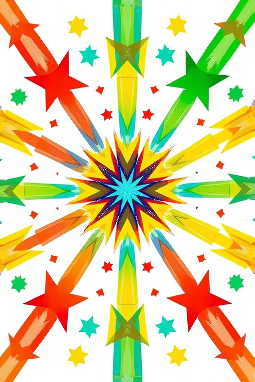 Create a bright and colorful abstract pattern with vibrant stars and stripes in red, blue, green, yellow, and orange on a white background, using a Canon EOS R5, 24mm lens, f/8 aperture, ISO 100, shot from a top-down view, ensuring high clarity and sharpness.